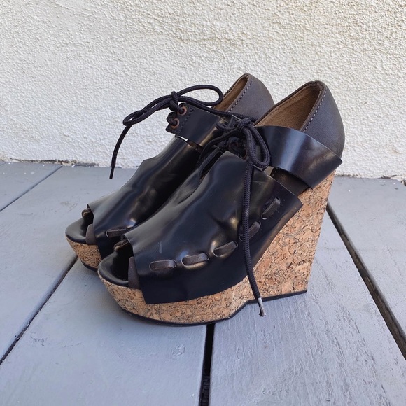 Acne Studios 37 Leather Lace Up Cork Wedge Heel - Picture 1 of 8